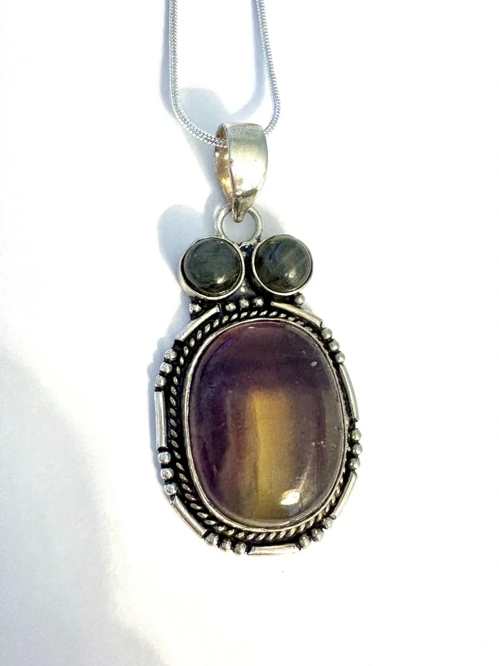 Beautiful 2 inch,925 marked, Fluorite and  Labradorite pendant on a silver chain